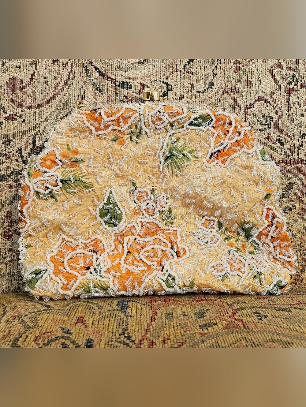 VTG 1960s Walborg Made In Hong Kong Beaded Peach Floral Evening Clutch